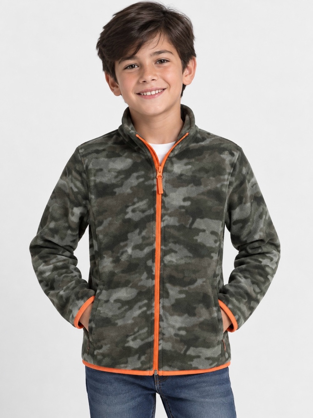 Amazon Essentials Boys L(9/10) Camo Full Zip Fleece Jacket Orange Trim